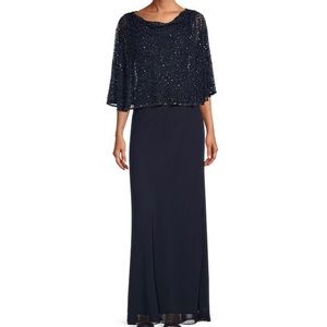 Jkara navy slip dress with beaded blouson
